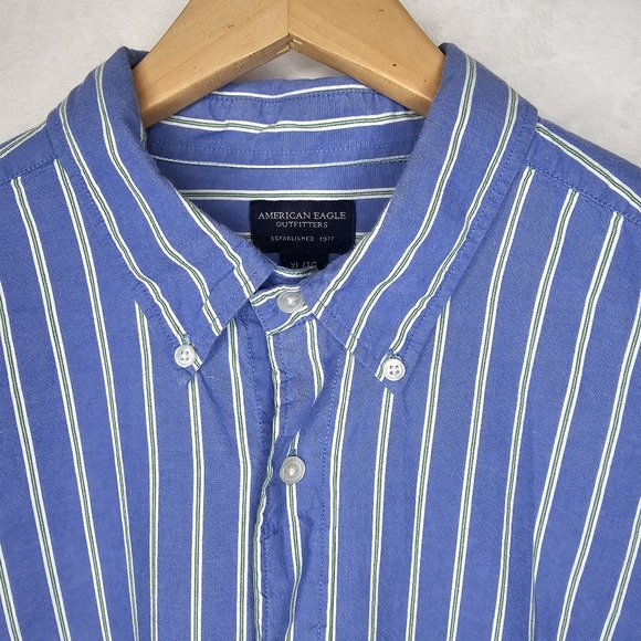 American Eagle Dress Shirt XL Blue/Green/White Striped Long Sleeve Button Up - Picture 2 of 14